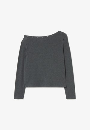 Dark gray, long-sleeve top with a wide off-shoulder neckline, featuring silver metal snaps along the neckline and a cropped design.