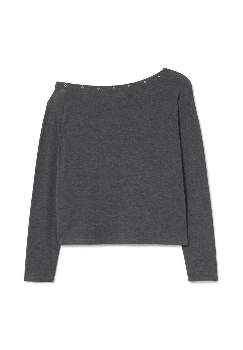 Dark gray, long-sleeve top with a wide off-shoulder neckline, featuring silver metal snaps along the neckline and a cropped design.