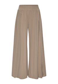 Beige wide-leg pants with an elastic waistband, made from soft, lightweight fabric, featuring pleats along the front for added flow.