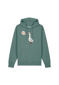 Groene hoodie van zacht materiaal met een zeemeeuwafbeelding en een spraakbel met de tekst "MOIN", en een kangoeroezak.