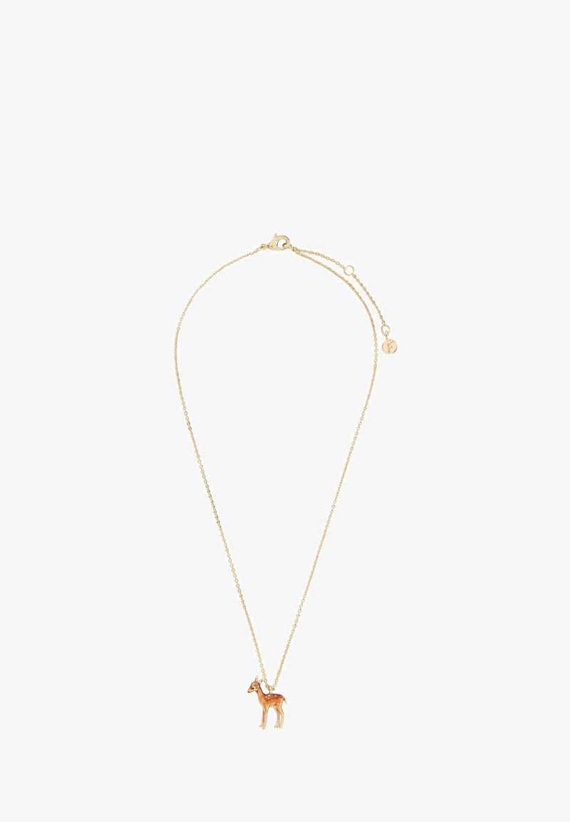 Kultaketjunecklace, joka sisältää pienen peuraketjun, joka on yksityiskohtaisesti viimeistelty ruskealla ja valkoisella pinnalla. Ketjussa on säädettävä pituus.