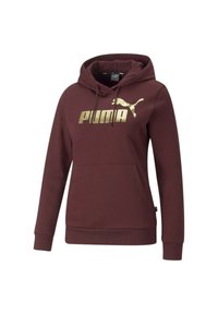 Felpa con cappuccio bordeaux con tasca a marsupio frontale e logo Puma dorato sul petto. Realizzata in morbido tessuto misto cotone.