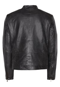 Svart skinnjacka med hög krage, dragkedjeslutningar och en jämn yta med minimal synlig sömnad. Endast bakvy.