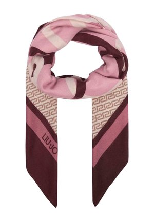 Lunga sciarpa rettangolare con motivi geometrici e a righe rosa, beige e bordeaux, piegata ad anello con punte appuntite visibili.