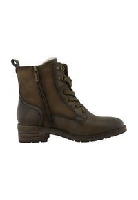 Botas de cuero marrón hasta el tobillo con cremallera lateral, cordones y un tacón texturizado. Presentan un forro suave y una suela robusta para mayor soporte.