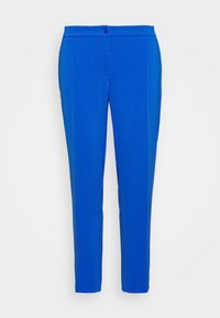 Kirkkaita sinisiä slim-fit-housuja, joissa on nappisulku ja etusaumayksityiskohdat, esiteltynä yksinkertaisen valkoisen taustan edessä.