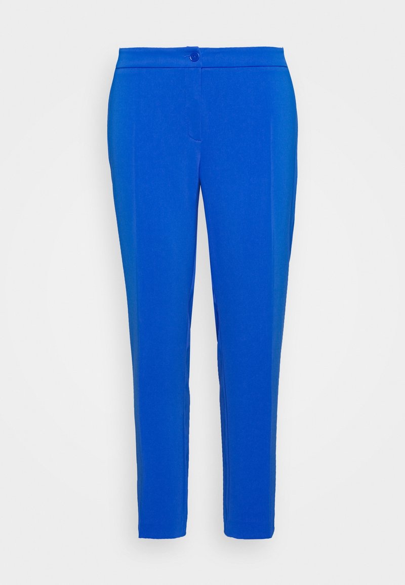 Kirkkaita sinisiä slim-fit-housuja, joissa on nappisulku ja etusaumayksityiskohdat, esiteltynä yksinkertaisen valkoisen taustan edessä.
