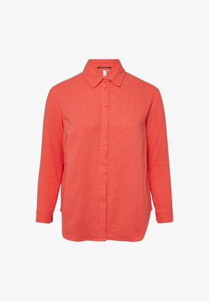 Coral long-sleeve button-up shirt with a pointed collar and textured fabric, shown front-facing on a white background.
