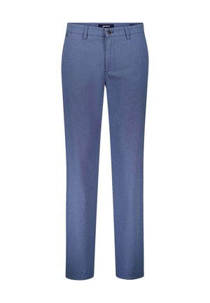 Blaue gerade geschnittene Hose mit Gürtelschlaufen, vorne Knöpfen, Reißverschluss und Seitentaschen auf weißem Hintergrund.