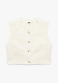 Top corto bianco senza maniche con un motivo floreale texturizzato, caratterizzato da tre bottoni dorati sul davanti e un collo arrotondato.