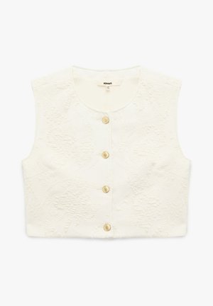 Witte mouwloze cropped top met een gestructureerd bloemenpatroon, voorzien van drie gouden knopen aan de voorkant en een ronde halslijn.