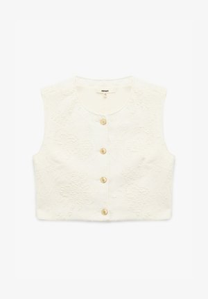 Biała bezrękawnikowa top o krótkim kroju z wypukłym kwiatowym wzorem, z trzema złotymi guzikami z przodu i okrągłym dekoltem.