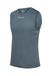 Ærmeløs atletisk T-shirt i mørkegrå, fremstillet af glat, åndbart stof. Har en rund halsudskæring og et lille logo på brystet.