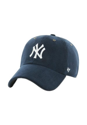 Navy blue corduroy baseball cap with white embroidered logo. Features metal eyelets and a slightly curved brim. Accented with a small logo on the side.