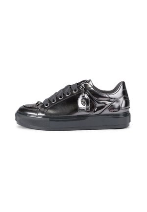 Black low-top leather sneaker with thick sole, wide laces, embossed toe, and decorative metallic tag on side.