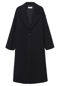 Manteau noir en mélange de laine avec une coupe ample, larges revers, deux poches latérales et une fermeture à boutons. Présente un design épuré et minimaliste.