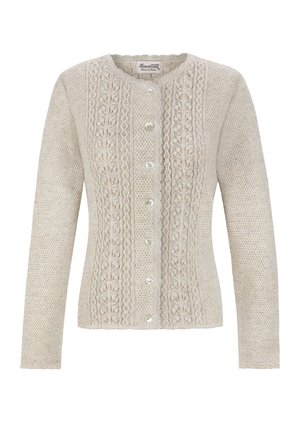 Beiger Strickcardigan mit langen Ärmeln, vorderer Knopfleiste und dekorativen Zopfmustern entlang des Mittelstücks.