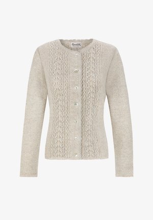 Beiger Strickcardigan mit langen Ärmeln, vorderer Knopfleiste und dekorativen Zopfmustern entlang des Mittelstücks.
