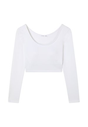 Top cropped bianco a maniche lunghe realizzato in tessuto morbido, con scollatura arrotondata e silhouette aderente. Nessun motivo visibile o accessori metallici.