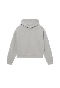 Grijze cropped hoodie gemaakt van zachte stof. Heeft een capuchon, lange mouwen en ribgebreide boorden en onderrand. Eenvoudig ontwerp zonder patronen.