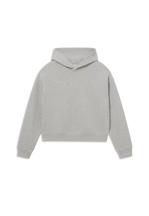 Grauer, verkürzter Hoodie aus einem weichen, strukturierten Material, mit einer klassischen Kapuze und gerippten Bündchen und Saum. Keine sichtbaren Grafiken oder Muster.