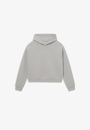 Grauer, verkürzter Hoodie aus einem weichen, strukturierten Material, mit einer klassischen Kapuze und gerippten Bündchen und Saum. Keine sichtbaren Grafiken oder Muster.