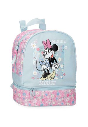 Mochila infantil con diseño de Minnie Mouse, patrón floral en tonos pastel azul y rosa, asa superior para llevar y dos compartimentos con cremallera.