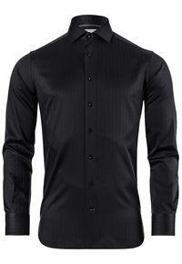 Zwarte lange mouwen shirt van een gestructureerde stof, met knoopsluiting en puntige kraag; heeft een getailleerde pasvorm en gladde manchetten.