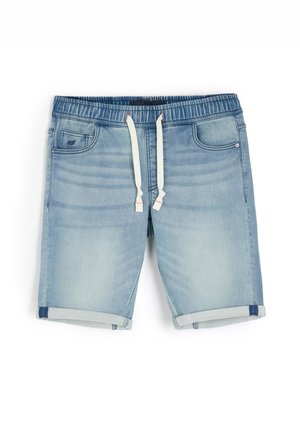 Jasnobłękitne szorty dżinsowe z elastycznym paskiem, sznurkiem, kieszeniami z przodu oraz podwiniętymi nogawkami. Posiadają subtelne wyblaknięcia i detale stębnowania.