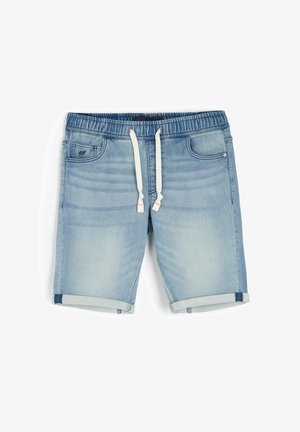 Jasnobłękitne szorty dżinsowe z elastycznym paskiem, sznurkiem, kieszeniami z przodu oraz podwiniętymi nogawkami. Posiadają subtelne wyblaknięcia i detale stębnowania.