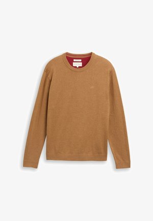 Barna, hosszúujjú pulóver, puha anyagból készült, kerek nyakkivágással és diszkrét logóval a mellrészen. Belseje piros.