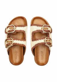 Woven beige and brown slide sandals with two gold buckles, featuring a flat sole and a textured design. The interior is smooth leather.