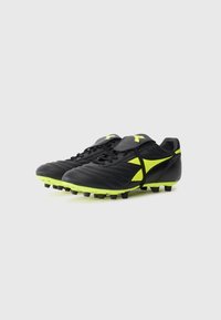 Black and neon yellow soccer cleats with studs and laces, positioned side by side on a white background.