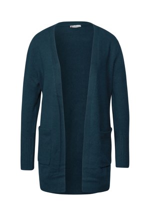 Cardigan en bleu sarcelle foncé avec une coupe décontractée. Doté d'un col en V, d'un devant ouvert, de poignets côtelés et de deux poches avant. Texture douce et tricotée.
