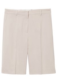 Beżowe, dopasowane szorty wykonane z lekkiego materiału, z płaskim przodem, kieszeniami bocznymi i prostymi nogawkami. Bez widocznych wzorów ani ozdób.