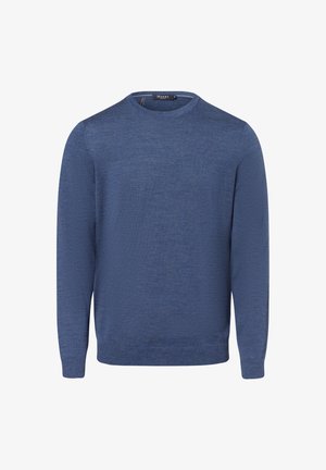 Maglione blu a collo rotondo con un motivo a maglia testurizzata, caratterizzato da maniche lunghe e orlo a coste. Realizzato in un tessuto morbido e leggero.