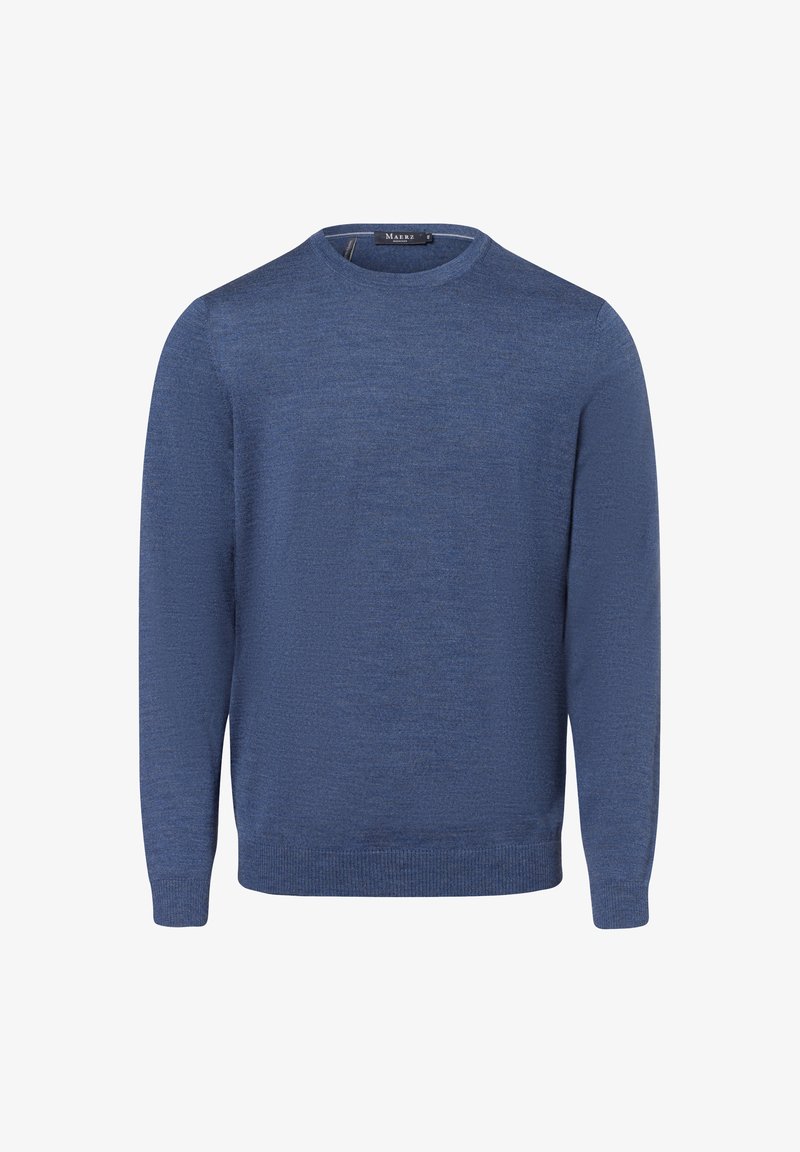 Blauer Rundhalsausschnitt-Pullover in einem strukturierten Strickmuster, mit langen Ärmeln und einem gerippten Saum. Hergestellt aus einem weichen, leichten Stoff.