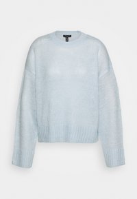 Hellblau, gestrickter Pullover mit rundem Ausschnitt, überschnittenen Schultern sowie geripptem Saum und Bündchen. Weicher Textur, lässiges Design.