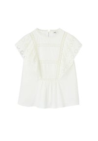 Haut blanc à manches courtes avec des motifs floraux brodés sur les manches, col rond et fermeture à boutons au dos. Tissu doux, coupe décontractée.
