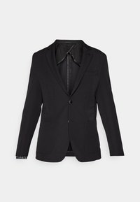 Sacou negru cu o croială slim, rever cu tăietură, închidere cu un singur nasture și buzunare laterale. Prezintă un material cu pattern pe mâneci.