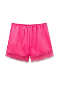Roze satijnen shorts met een elastische tailleband en verfijnde kantversiering aan de onderrand, die een soepele textuur en een ontspannen pasvorm bieden.