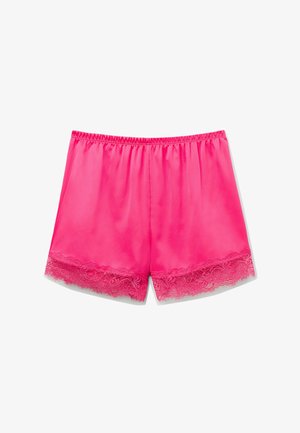 Roze satijnen shorts met een elastische tailleband en verfijnde kantversiering aan de onderrand, die een soepele textuur en een ontspannen pasvorm bieden.