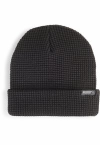 Beanie in maglia grigio scuro realizzato in tessuto testurizzato, con risvolto e una piccola etichetta logata rettangolare sul davanti.