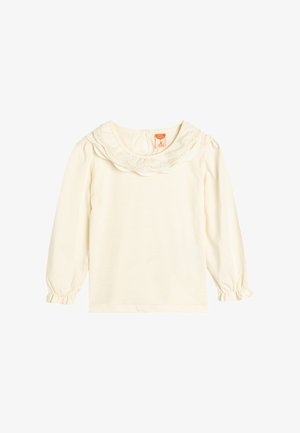 Crème langemouwen shirt met een rimpelcollar en kantafwerking. Pofmouwen met elastische manchetten, gemaakt van zachte katoen.