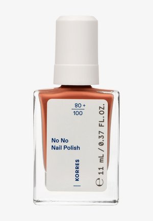 Nail polish in a clear glass bottle with a white cap. The polish is a warm, muted peach shade. Label includes product name and details.