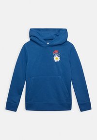 Haut à capuche bleu en tissu doux avec une poche frontale. Présente un design floral brodé et un logo sur la poitrine; comprend un cordon de serrage pour la capuche.
