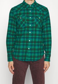 Camisa de manga larga de cuadros verdes con collar abotonado, dos bolsillos en el pecho con solapas y acentos negros en contraste.