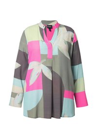 Langærmet bluse i letvægtsstof med en blanding af abstrakte mønstre i pink, grøn, grå og blå med en notched krave.