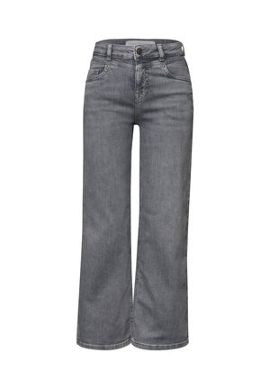 Graue Jeans mit hoher Taille und weiter Beinweite, vorne mit Knöpfen und Reißverschluss sowie Taschen vorne und hinten.
