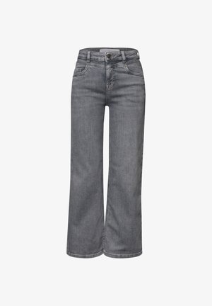 Graue Jeans mit hoher Taille und weiter Beinweite, vorne mit Knöpfen und Reißverschluss sowie Taschen vorne und hinten.